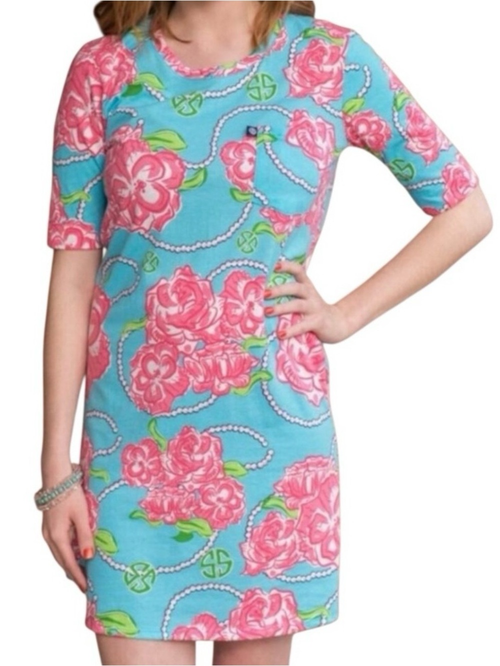 Simply Southern Blue and Pink Bloom Floral Cotton Midi Dress M/L